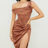 One Shoulder Satin Dress Mesh Hollow out Boned Side Split Bodycon