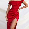 One Shoulder Satin Dress Mesh Hollow out Boned Side Split Bodycon
