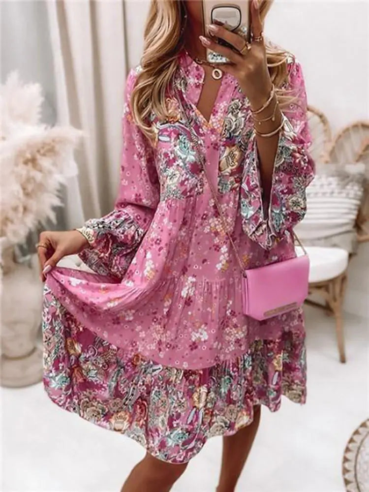 Pleated Long Sleeve Casual Dress